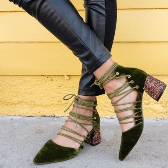 Wild Luxe Green Velvet Heels with Glitter Block Heel - Picture 3 of 4
